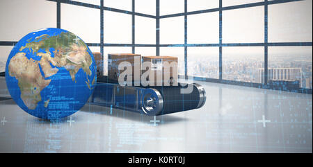 Blue matrix and codes against room with large window showing city Stock Photo