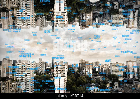 Connection dots over black background against city against blue sky Stock Photo