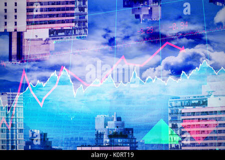 Stocks and shares against buildings against mountain Stock Photo