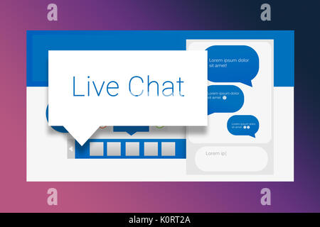 Speech bubbles with live chat text against pink and purple colors background Stock Photo