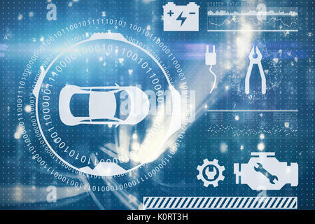 Digitally generated image of car and tools against monitor screen showing wallpaper Stock Photo