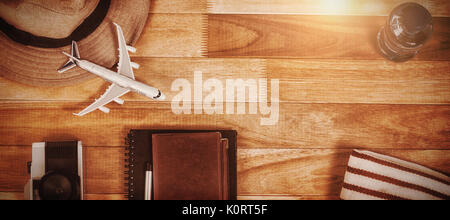 Overhead view of travel accessories on table Stock Photo