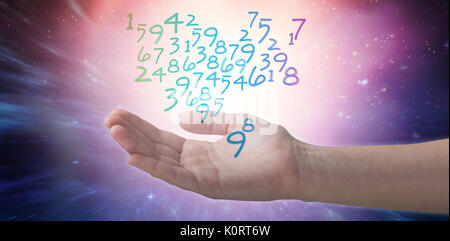 Cropped hand of woman offering against digitally composite image of colorful lights Stock Photo