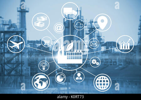 Composite image of industry amidst various icons against image of factory Stock Photo