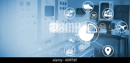Composite image of pie chart amidst various icons against workshop Stock Photo