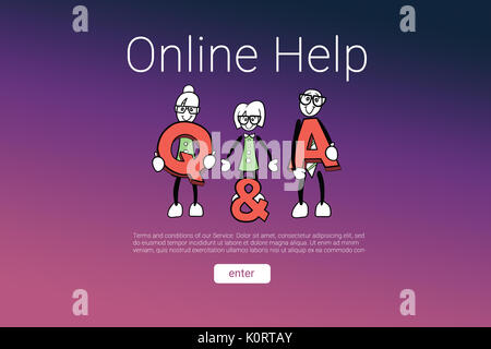 Human representations with letters and online help text against pink and purple background Stock Photo