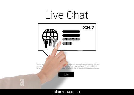 Businesswoman pointing against icons and live chat text Stock Photo