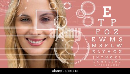 Digital composite of Woman with eye focus box detail and lines and Eye test interface Stock Photo
