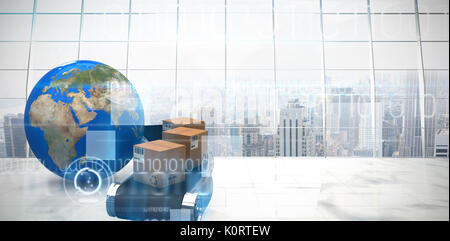 3D image of Earth planet by boxes on production line against blue technology design with binary code Stock Photo
