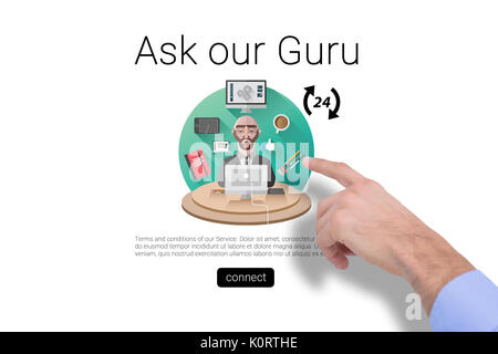 Hand of a businessman pointing something against ask our guru text with icons Stock Photo