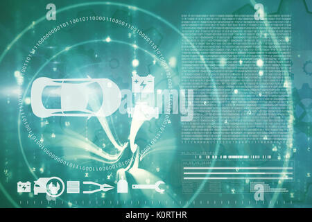 Vector image of tools and car against abstract blue pattern Stock Photo