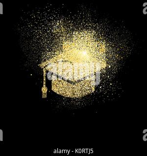 Graduation cap symbol concept illustration, gold college student icon made of realistic golden glitter dust on black background. EPS10 vector. Stock Vector