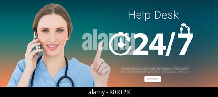 Pretty woman doctor phoning and pointing with her finger against orange and turquoise background Stock Photo