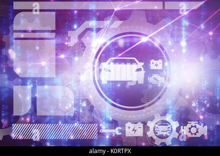 Digitally generated image of tools and car against glowing blue background Stock Photo