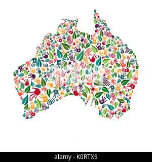 Australian country shape with green leaves and human hand prints. Australia world help concept illustration for charity work, nature care or social pr Stock Vector