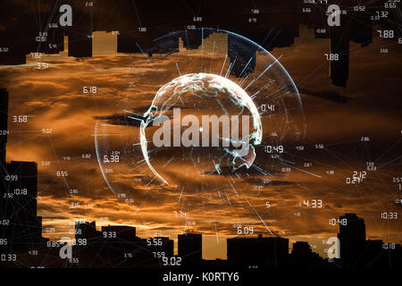 Image of earth with different times against silhouette city against cloudy sky during sunset Stock Photo