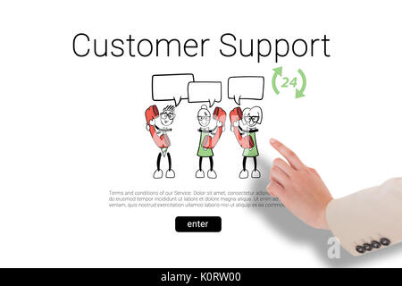 Businesswoman pointing against human representations with customer support text and speech bubbles Stock Photo