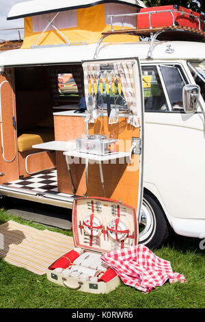 1967 VW split screen campervan kitchen at a vintage retro festival. UK Stock Photo