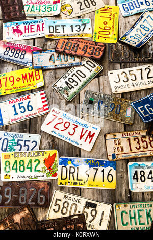 License Plates on Old Wall in Bar Harbor Stock Photo