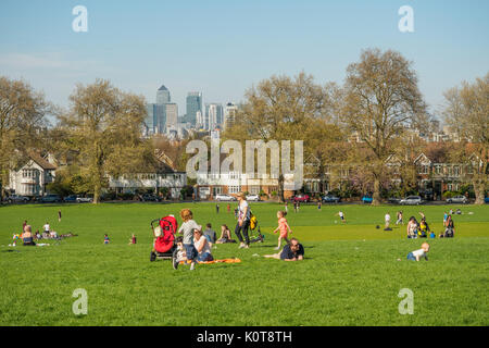 People in a South-East London Park. April, 2017. Landscape format. Stock Photo