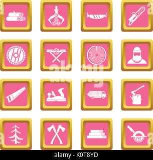 Timber industry icons pink Stock Vector