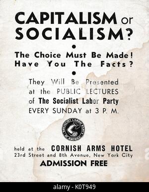 A Vietnam War era leaflet from the Socialist Labor Party titled 'Capitalism or Socialism' advocating for citizens to choose between the two political systems and featuring [BRIEF advertisement of a public lecture, New York City, New York, 1970. Stock Photo