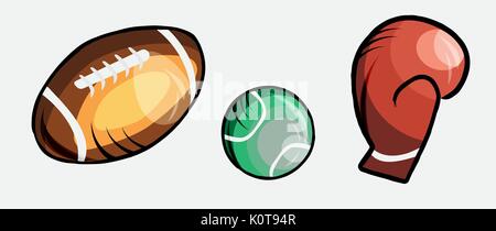 Sport concept art in cartoon style . Hand drawn background, ball for american football and tennis and boxing glove for design. Vector illustration Stock Vector