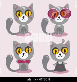 cartoon character in flat style . Cat sit in glasses, bowtie and hairdressers apron. Vector illustration Stock Vector