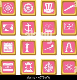 Columbus Day icons pink Stock Vector