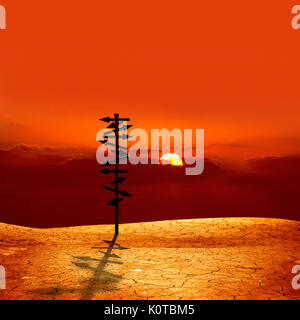 conceptual image of silhouetted directional sign on cracked dry landscape over sunset Stock Photo
