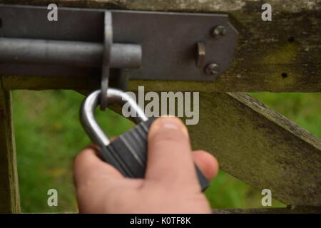 Metallic padlock on a wooden gate Stock Photo