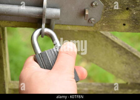 Metallic padlock on a wooden gate Stock Photo