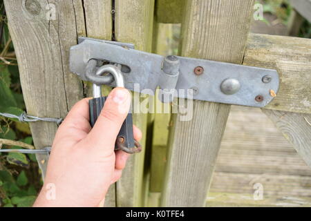 Padlock on a wooden gate Stock Photo