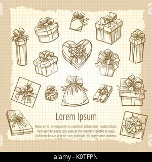 Hand drawn vintage gift boxes collection, vector illustration Stock Vector