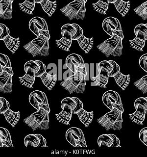 White scarves on blackbackdrop, vector winter scarves seamless pattern Stock Vector
