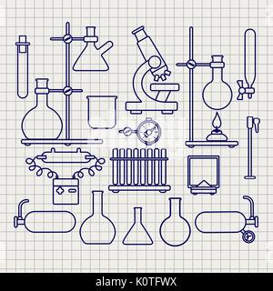 Chemical lab thin line icons set on notebook page, vector illustration Stock Vector