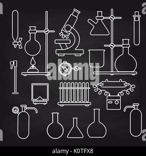 White chemical lab icons set on chalkboard background. Vector illustration Stock Vector