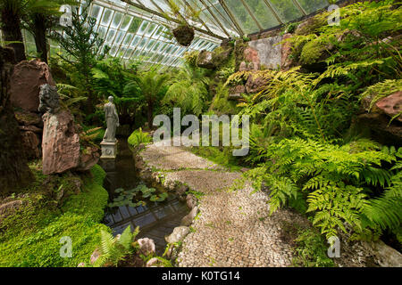 Spectacular interior of Victorian glasshouse / fernery at Ascog Hall, with domed glass roof, spring fed stream, and ferns on Island of Bute, Scotland