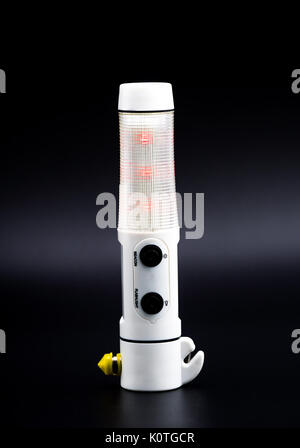 Car safety emergency hammer broken windows rescue equipment, emergency hand torch isolated on black background with copy space Stock Photo