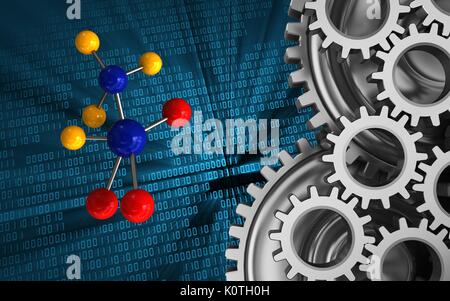 3d illustration of molecule over binary background with blue gears ...