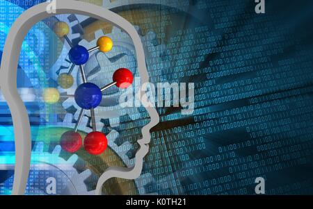 3d illustration of molecule over binary background with blue gears ...