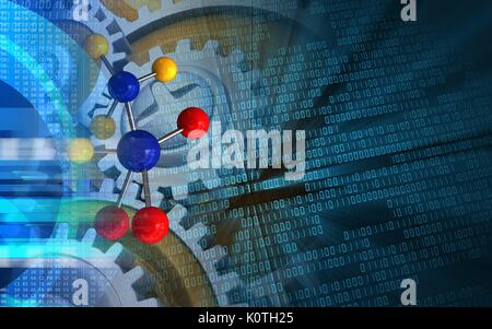 3d illustration of molecule over binary background with gears Stock ...