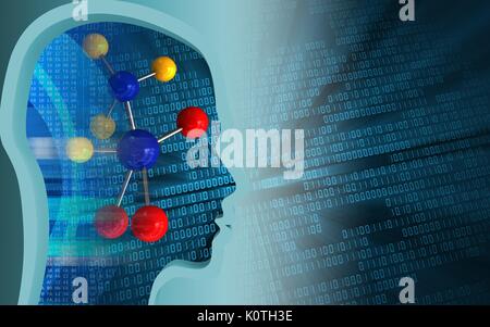 3d illustration of molecule over binary background with gears system ...