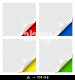 Realistic Curly Page Colored Corners set with transparent shadow for your design. Graphic element for documents, templates, posters, flyers. Vector illustration. Stock Vector