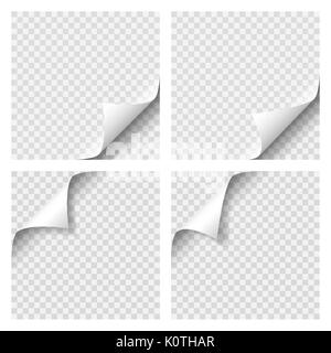 Set of Curly Page Corner. Blank sheet of paper with page curl with transparent shadow. Realistic vector illustration. Graphic element for documents, templates, posters, flyers and advertising Stock Vector