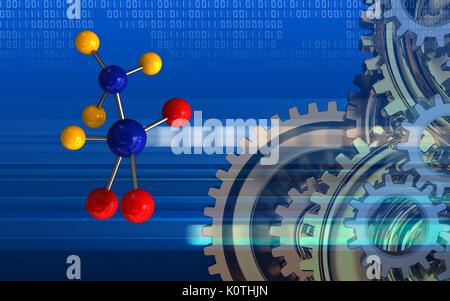 3d illustration of molecule over cyber background with gears system ...