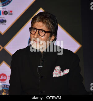 Mumbai, India. 23rd Aug, 2017. Indian film actor Amitabh Bachchan and host of KBC during the launch of Sony TV show Kaun Banega Crorepati - KBC season 9 at JW Marriott juhu, Mumbai. Credit: Azhar Khan/Alamy Live News Stock Photo