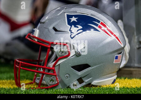 August 19, 2017: A New England Patriots helmet sits on the sideline during  the 2nd quarter of an NFL football pre-season game between the Houston  Texans and the New England Patriots at