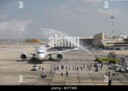 (170823) -- TEL AVIV, Aug. 23, 2017 (Xinhua) -- The first Israel's El Al Airlines' Boeing 787 Dreamliner arrives for a welcome ceremony after its landing at Ben Gurion International Airport, near Tel Aviv, Israel, on Aug. 23, 2017. El Al Airlines took delivery of its first Boeing 787 Dreamliner aircraft on Wednesday aimed at renewing its long-range fleet. (Xinhua/JINI/Nimrod Glikman) Stock Photo