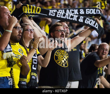 Columbus, USA. 22nd Aug, 2017.  Columbus Crew SC fan cheers his team on against Los Angeles in their match at Mapfre Stadium. Columbus, Ohio, USA. Credit: Brent Clark/Alamy Live News Stock Photo
